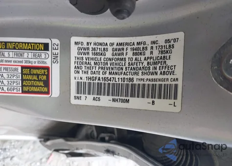 2007 Honda Civic Lx из США, поврежденный, VIN 1HGFA16547L110186